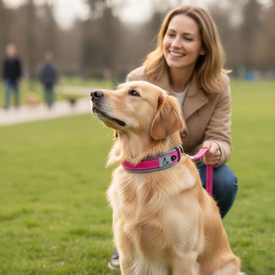 collier pour chien rose neoprene golden retriever femme parc promenade confort exterieur