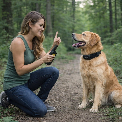 collier pour dressage de chien golden retriever femme foret telecommande education canine