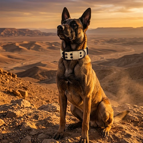 Collier pour gros chien molosse beige sur chien assis au désert