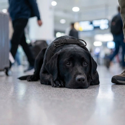 Collier pour gros chien molosse noir sur Labrador couché en gare