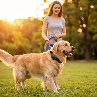 Collier pour petit chien anti-aboiement Golden Retriever femme parc coucher de soleil