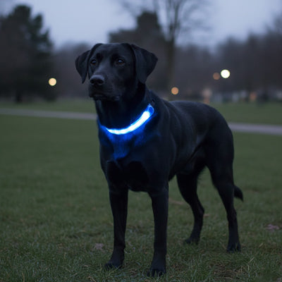 colliers lumineux pour chiens bleu led labrador noir crepuscule parc securite visible