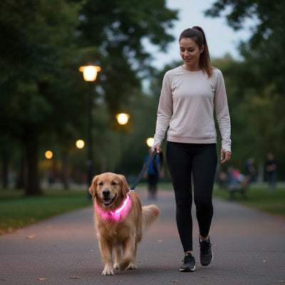 colliers lumineux pour chiens rose led golden retriever promenade crepuscule parc maitresse securite