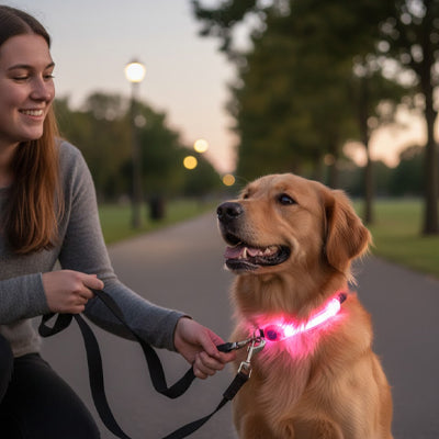 colliers lumineux pour chiens rose led golden retriever promenade soir maitresse securite visible