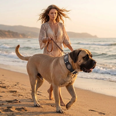 Colliers pour molosses chien fauve en laisse sur la plage