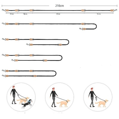 croquis d une laisse mains libres pour chien montre plusieurs configurations possible avec les dimensions