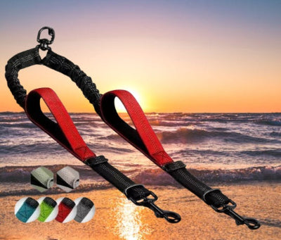 double laisse pour chien rouge mise en valeur sur un fond mer calme au coucher de soleil