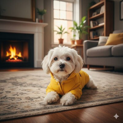 doudoune chien jaune interieur cheminee confort chaleur hiver petit chien blanc