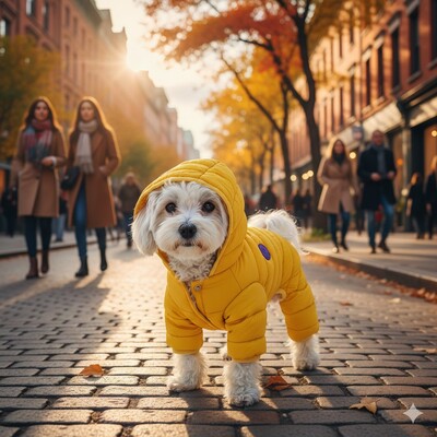 doudoune chien jaune ville automne rue capuche petit chien blanc promenade urbaine