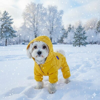 doudoune chien matelassee jaune capuche hiver neige protection froid petit chien