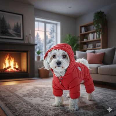 doudoune chien rouge capuche interieur cheminee hiver chaleur petit chien blanc