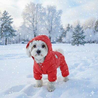 doudoune chien rouge neige hiver capuche petit chien blanc protection froid exterieur