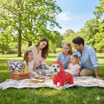 doudoune chien rouge pique nique famille parc ete petit chien blanc exterieur