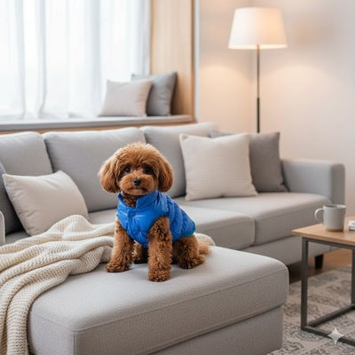 doudoune chiens bleue caniche salon interieur confort maison moderne elegant cocooning
