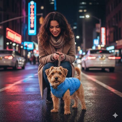 doudoune chiens bleue ville nuit promenade yorkshire urbain hiver chaude protection