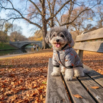 doudoune pour chien grise caniche parc automne banc manteau chaud exterieur