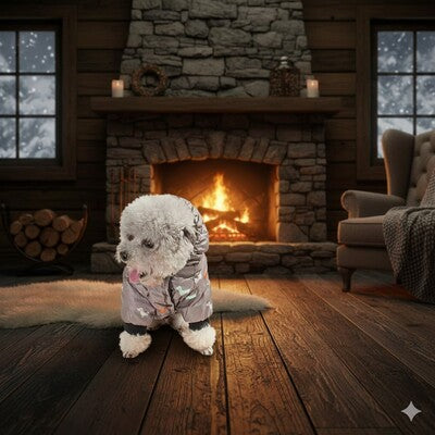 doudoune pour chien grise motif teckel caniche cheminee hiver manteau chaud cosy