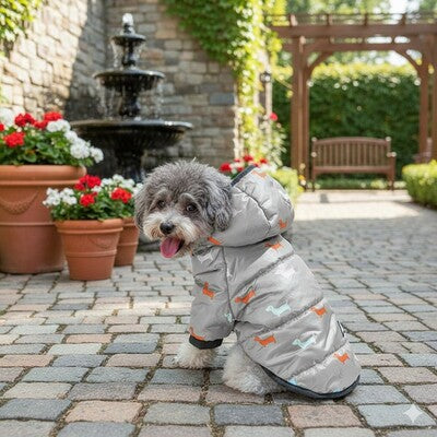 doudoune pour chien grise motif teckel caniche jardin fontaine manteau printemps elegant