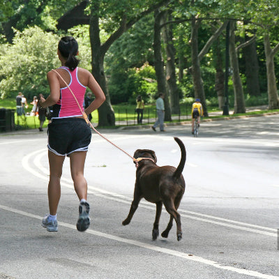 femme en debardeur rose et noir baskets grises court dans un parc avec son chien attache avec une laisse main libre chien