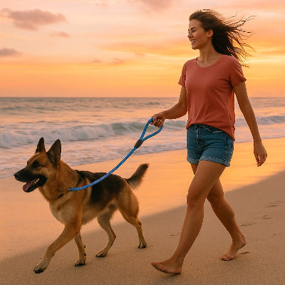 femme souriante marchant au bord de la mer tenant une laisse pour chien