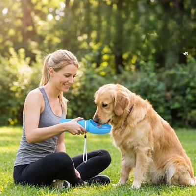 Gourde Chien Bleue Femme Golden Retriever Parc Extérieur