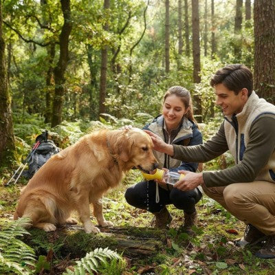 Gourde chien couple forêt golden retriever randonnée jaune portable
