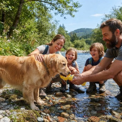 Gourde chien famille rivière golden retriever enfants balade nature jaune
