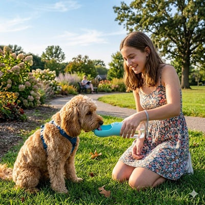 Gourde chien portable anti fuite balade parc goldendoodle bleu
