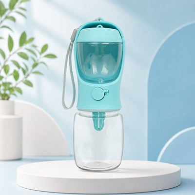 Gourde chien portable anti fuite turquoise fond bleu balade