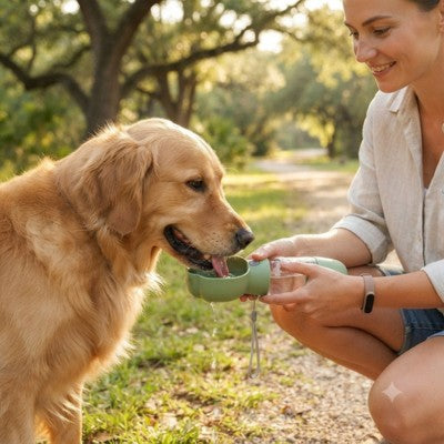 Gourde chien portable femme golden retriever balade extérieur verte