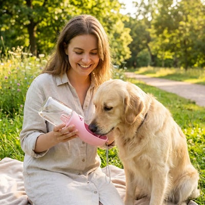 Gourde chien rose Golden Retriever hydratation balade parc nature