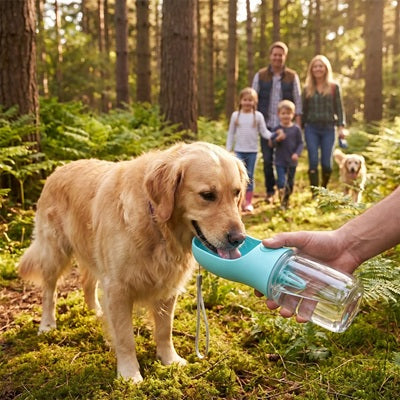 Gourde chien turquoise Golden Retriever forêt randonnée famille