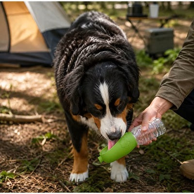 Gourde eau chien bouvier bernois camping forêt tente
