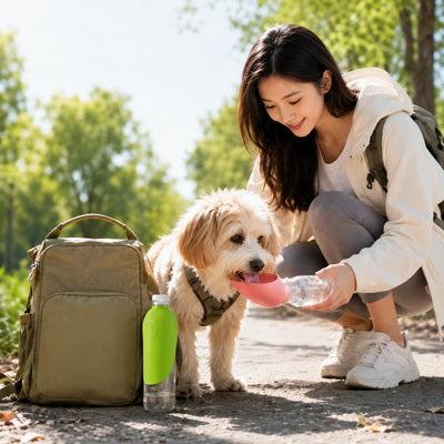 Gourde eau chien femme chiot randonnée parc ensoleillé