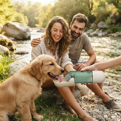Gourde gamelle chien balade nature golden retriever couple rivière