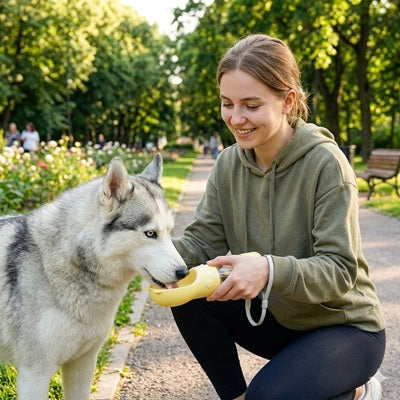 Gourde pour chien jaune husky femme parc promenade