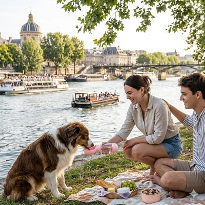 Gourde pour chien pique-nique bords de Seine Paris couple
