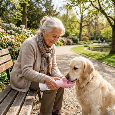 Gourde pour chien rose golden retriever dame parc banc