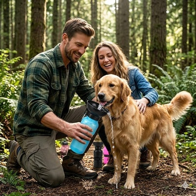 gourde pour chiens bleue couple golden retriever randonnée forêt pins