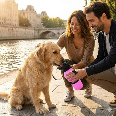 gourde pour chiens rose couple golden retriever bords Seine Paris