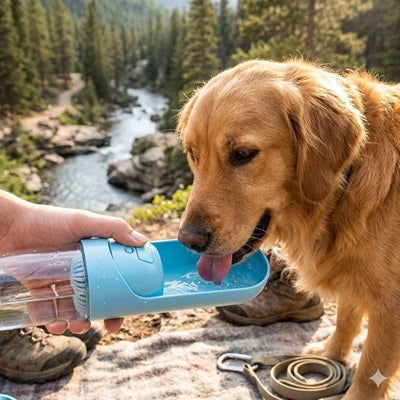 Gourdes chien bouteille bleue Golden Retriever randonnée montagne rivière