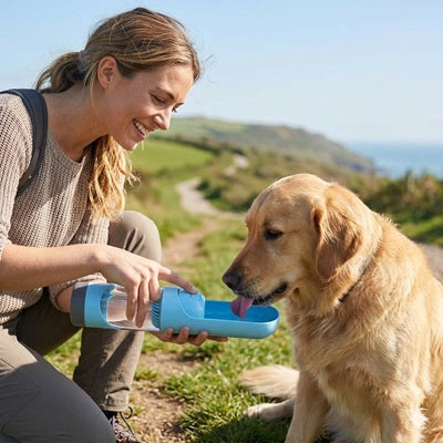 Gourdes chien femme Golden Retriever bord mer falaise ensoleillé