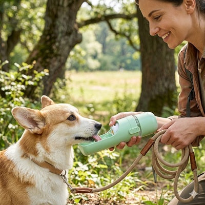 gourdes pour chien corgi forêt femme laisse corde verte balade
