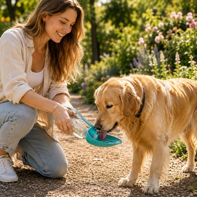 gourdes pour chien femme golden retriever jardin fleuri écuelle turquoise