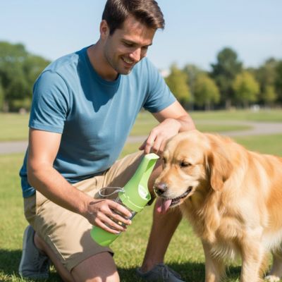 gourdes pour chien parc golden retriever homme balade verte soleil