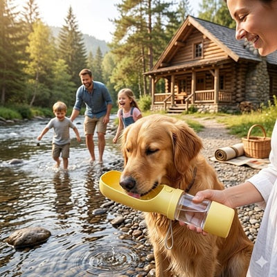 gourdes pour chien portable golden retriever famille nature rivière jaune