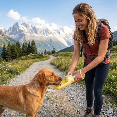 gourdes pour chien randonnée alpes labrador femme sentier jaune