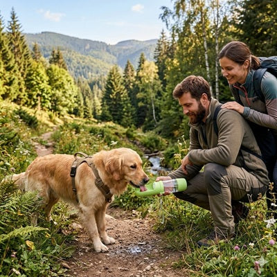 gourdes pour chien randonnée montagne golden retriever couple forêt verte