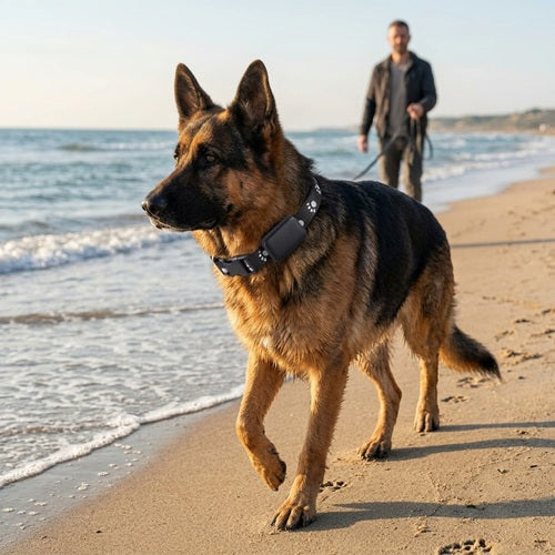 GPS chien sans abonnement collier Berger Allemand plage promenade laisse