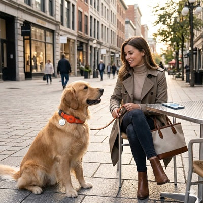 GPS chien sans abonnement Golden Retriever collier rouge femme terrasse ville